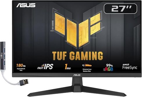 ASUS TUF Gaming 27" FHD IPS Monitor with 1ms Response Time, 180Hz Refresh Rate, Anti Glare, Flicker Free, VESA Mount (100mm), Displayport, HDMI & Dockztorm USB Port Expander, Black Color 2 Pack in Saudi Arabia