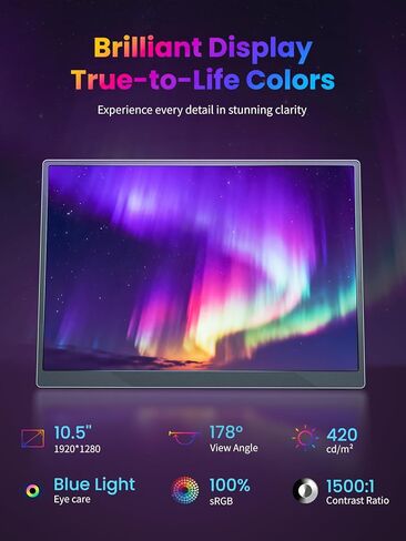 Portable Monitor with Stand 10.5" Ultra Slim Mini 16:10 FHD, 178° Wide View,1500:1,100% sRGB Eye-Care, USB-C & HDMI Secondary Monitor for Raspberry Pi/Switch/PS4/PS5/Phone in Saudi Arabia