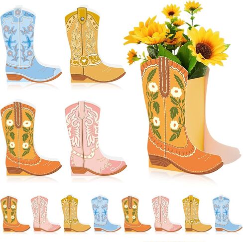12 Set Brown Western Cowboy Bow Boots Flower Boxes Centerpiece Boot Shape Gift Boxes Western Party Decoration Vase Centerpiece for Table Boots for Rodeo Birthday Baby Shower Wedding Supplies in Saudi Arabia