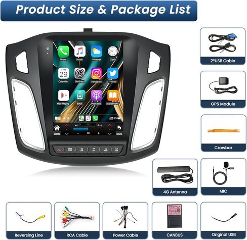 راديو السيارة لسيارة Ford Focus 2012-2018: 8 Core 4G+32G ترقية 9.7 بوصة 1024x768 IPS شاشة لمس، Android 13 ستيريو يدعم Carplay اللاسلكي وAndroid Auto، 5GWiFi GPS FM RDS BT SWC Mic 1080P كاميرا احتياطية in Kuwait