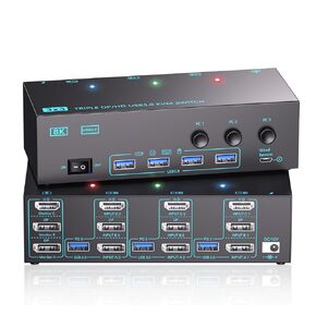 مفتاح KVM ، REYOTEN 8K@60HZ HDMI DP SWITCH ، 3 شاشات 3 PCS مفاتيح KVM مع 4 منافذ USB3.0 ، مفتاح محور 4K لمدة 3 أجهزة كمبيوتر شاشة MOUSTER PRINTER مع 3 كابلات USB ، محول الطاقة ، وحدة التحكم in Kuwait