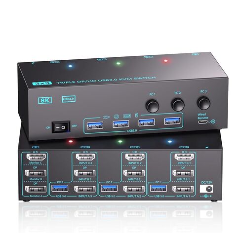 مفتاح KVM ، REYOTEN 8K@60HZ HDMI DP SWITCH ، 3 شاشات 3 PCS مفاتيح KVM مع 4 منافذ USB3.0 ، مفتاح محور 4K لمدة 3 أجهزة كمبيوتر شاشة MOUSTER PRINTER مع 3 كابلات USB ، محول الطاقة ، وحدة التحكم in Kuwait