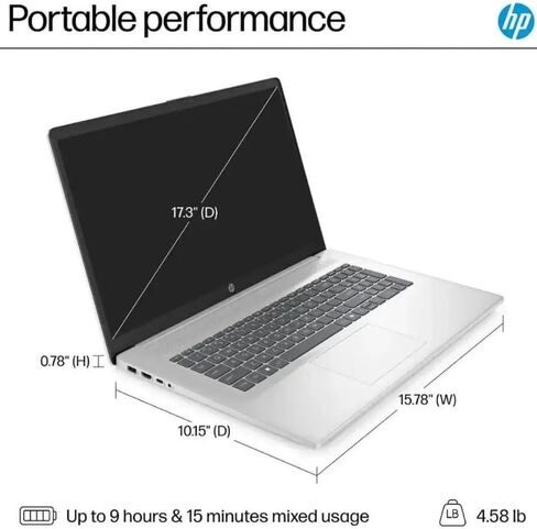 كمبيوتر محمول HP مقاس 17.3 بوصة عالي الدقة | AMD Ryzen 5 7520U (Beat i5-1155G7) | رسومات AMD Radeon | كاميرا ويب | Copilot | فضي | ذاكرة وصول عشوائي (RAM) سعة 8 جيجابايت DDR5 | محرك أقراص SSD سعة 512 جيجابايت | Windows 11 Pro | حزمة مع Microsoft Office 20 in Kuwait