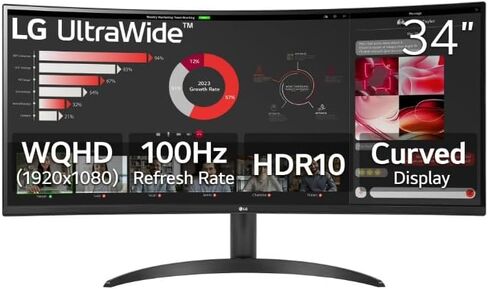 LG 34 بوصة منحنية UltraWide WQHD (3440 × 1440)، HDR 10، شاشة 100 هرتز، أسود، 34WR50QK-B (متجدد) in Kuwait