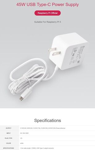 مصدر طاقة رسمي بقدرة 45 وات USB من النوع C لـ Raspberry Pi 5، لون أبيض، قابس أمريكي @XYGStudy (مصدر طاقة RPi 45W USB-C أبيض) in Kuwait