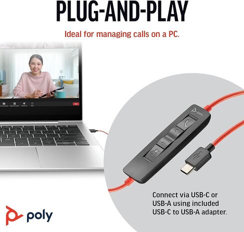 Poly Blackwire 3220 Wired Headset with Mic, Hi-Fi Stereo Sound, Noise-Canceling Mic, Stereo Design, Connect to PC via USB-C & USB-A Adapter, (Renewed) in Saudi Arabia