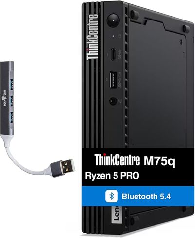 كمبيوتر سطح المكتب الصغير Lenovo ThinkCentre M75q Business (AMD Ryzen 5 PRO 5650GE، AMD Radeon، 8GB DDR4، 512GB PCIe SSD، WiFi 6، Bluetooth 5.4، 65W PSU، RJ-45، 1 Display Port، Win 11 Pro) مع موسع منفذ USB DKZ in Kuwait