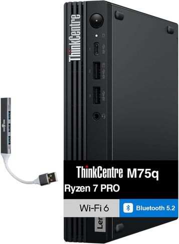 سطح المكتب الصغير Lenovo ThinkCentre M75q Business (AMD Ryzen 7 PRO 8700GE، 64GB DDR5، 8TB PCIe SSD، WiFi 6، Bluetooth 5.2، 90W PSU، RJ-45، 1 Display Port، HDMI، Win 11 Pro) مع موسع منفذ USB DKZ in Kuwait