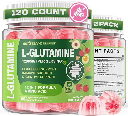 L-Glutamine 1200 ملغ من علكات دعم الأمعاء والمناعة، مكمل لإصلاح الأمعاء المتسربة مع الدردار الزلق، جذر الخطمي، جذر الزنجبيل، أرابينوجالاكتان، الصبار العضوي، فيتامين C، فيتامين D3، الزنك، خالي من السكر | 60 عدد in Saudi Arabia
