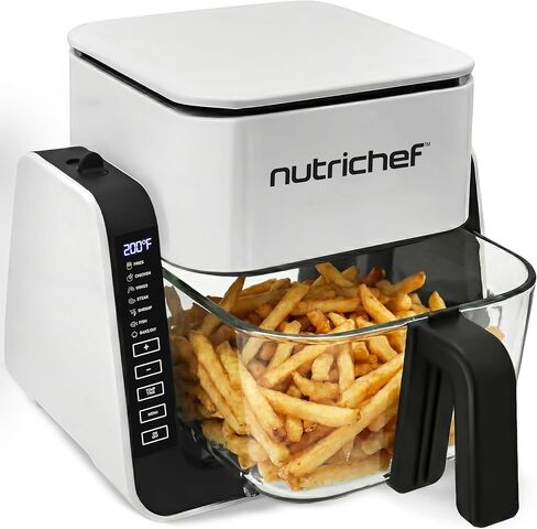 Nutrichef 4 Qt Air Fryer & Grill | 8-1 أوضاع طباخ مسبق | وعاء Fry شفاف لأفضل نتائج الطهي | طهي الروبيان ، شرائح اللحم ، البطاطا المقلية ، أجنحة وأكثر | 4 QT الزجاج المقلاة و 1.2 QT GRILL | أبيض in Kuwait