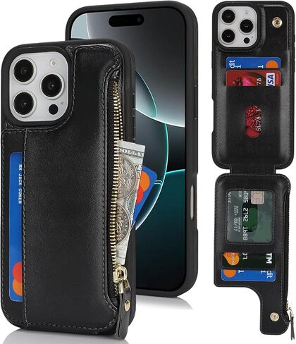 حافظة Cavor لهاتف iPhone 16 Pro مع حامل بطاقة، حافظة محفظة لهاتف iPhone 16 Pro للنساء، غطاء هاتف مقاوم للصدمات بجيب من الجلد بسحاب - أبيض الفهد in Kuwait