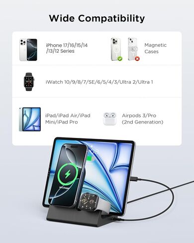 الشاحن اللاسلكي Mag-Safe for iPhone: 3-in-1 محطة شحن للأجهزة المتعددة Apple-18W شحن Stand for iPhone 16 15 14 12 Pro Max بالإضافة إلى Apple Watch iPad Airpods 3/Pro 2nd in Saudi Arabia
