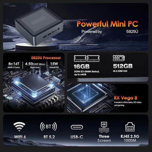 Wisoqu Mini PC، Ryzen 7 5825U 8 Core 16 Threads حتى 4.5 جيجا هرتز، WiFi 6 5.2، شاشة ثلاثية مزدوجة 4K من النوع C، مع رسومات Radeon RX Vega 8 (قابس الولايات المتحدة) in Kuwait