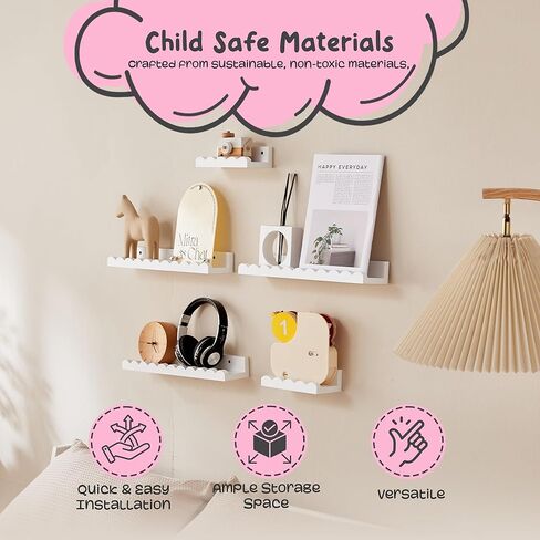 Nursery Book Shelves, 5-Pack Wood Floating Book Shelves for Wall,16.5 Inch Scalloped Wall Shelves, Kids Bookshelf for Bedroom,Bathroom,Kitchen,Kids, Toddler Room, Toy and Nursery Decor Storage(White) in Saudi Arabia