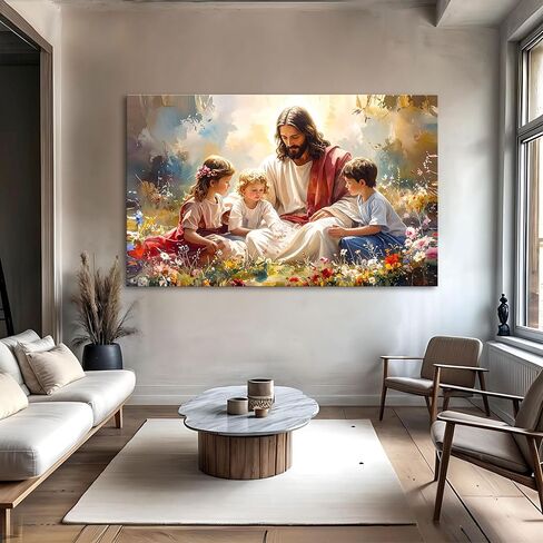 TAILORED CANVASES Jesus With Children Faith Wall Art – Christian Gospel Picture for Kids’ Rooms, Jesus Loves the Little Children Canvas Décor for Bedroom or Nursery 12x18 in Saudi Arabia