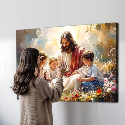 TAILORED CANVASES Jesus With Children Faith Wall Art – Christian Gospel Picture for Kids’ Rooms, Jesus Loves the Little Children Canvas Décor for Bedroom or Nursery 12x18 in Saudi Arabia