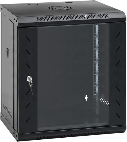 خزانة شبكية مثبتة على الحائط 12U، مقاس 19 بوصة، هيكل فولاذي IP20 مع باب زجاجي قابل للقفل، 53 × 40 × 60 سم، أسود in Kuwait
