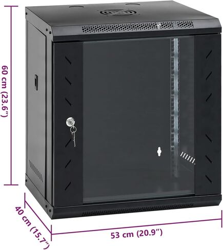 خزانة شبكية مثبتة على الحائط 12U، مقاس 19 بوصة، هيكل فولاذي IP20 مع باب زجاجي قابل للقفل، 53 × 40 × 60 سم، أسود in Kuwait