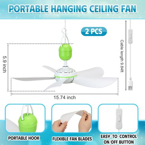 2 Set 15.74" Portable Hanging Ceiling Fan USB Mini Small Outdoor RV Hanging Ceiling Fan with On/off Button, Quiet Operation for Camping Gazebo Tent Attic Bedroom Basement in Saudi Arabia