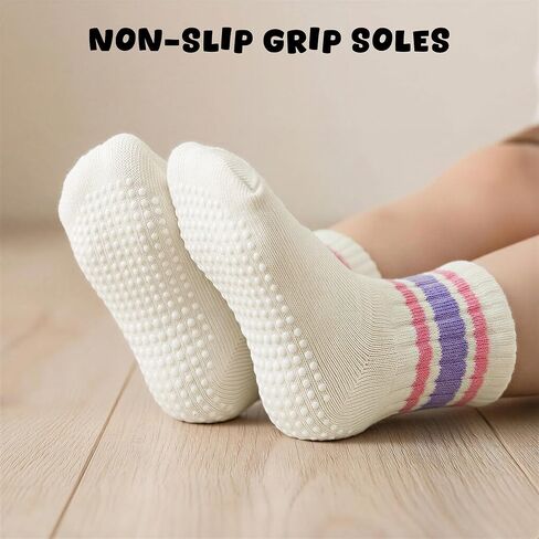 HONGTEYA 6 Pack Baby Toddler Grip Socks with Non-Slip Stripe Grippy Crew Socks for Boys Girls Kids Seamless Toe 1-8 Years in Saudi Arabia