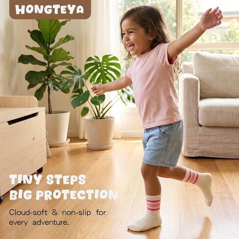 HONGTEYA 6 Pack Baby Toddler Grip Socks with Non-Slip Stripe Grippy Crew Socks for Boys Girls Kids Seamless Toe 1-8 Years in Saudi Arabia