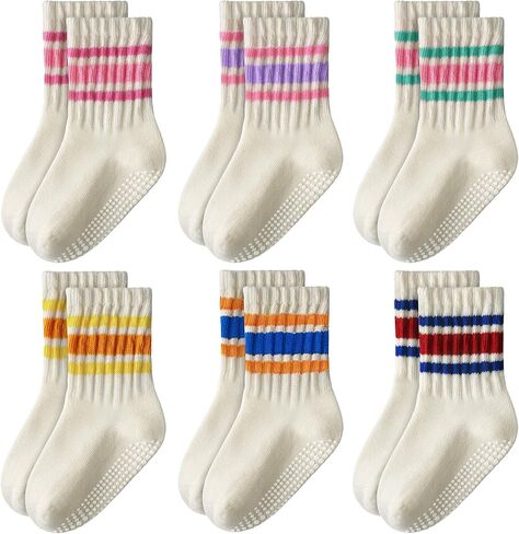 HONGTEYA 6 Pack Baby Toddler Grip Socks with Non-Slip Stripe Grippy Crew Socks for Boys Girls Kids Seamless Toe 1-8 Years in Saudi Arabia