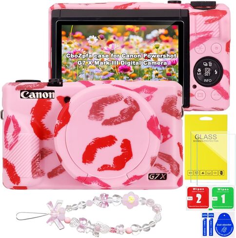 حافظة لطيفة لكاميرا Canon Powershot G7 X Mark III الرقمية، حماية من السيليكون الناعم مع غطاء عدسة قابل للإزالة، G7X Mark III (غطاءان من الزجاج المقسى، 1 حزام معصم ساحر) (طباعة شفاه وردية) in Kuwait