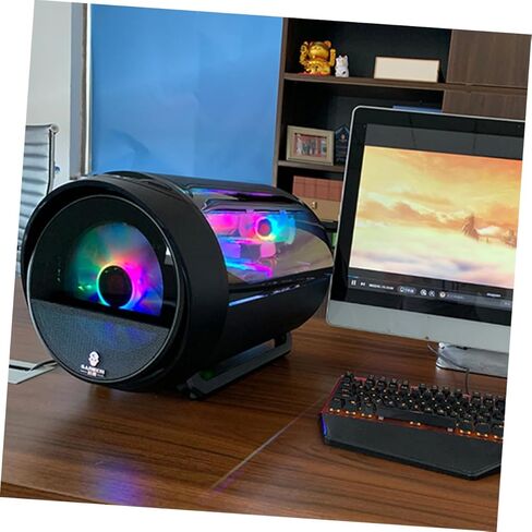 حافظة كمبيوتر ألعاب Veemoon صندوق مضيف تبريد المياه Matx مع إضاءة RGB تصميم دائري بانورامي للمكتب وأجهزة الكمبيوتر المخصصة للألعاب باللون الأسود in Kuwait