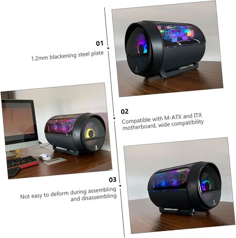 حافظة كمبيوتر ألعاب Veemoon صندوق مضيف تبريد المياه Matx مع إضاءة RGB تصميم دائري بانورامي للمكتب وأجهزة الكمبيوتر المخصصة للألعاب باللون الأسود in Kuwait