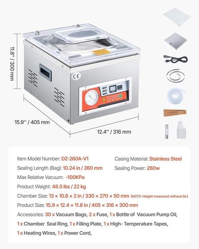 VEVOR Chamber Vacuum Sealer، DZ-260A معدل مضخة 6.5 متر مكعب/ساعة، تأثير إغلاق ممتاز مع تحكم تلقائي، آلة تغليف الأطعمة الاحترافية 110 فولت/60 هرتز تستخدم للحوم الطازجة والفواكه والصلصات in Kuwait