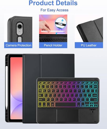 Touchpad Keyboard Case for Samsung Galaxy Tab S10 Lite/S10 FE/S9 FE 10.9 inch /S9 11" 2025/2023 Tablet, Rainbow Backlight Type-C Charging TrackPad Keyboard with Pencil Holder (Black) in Saudi Arabia