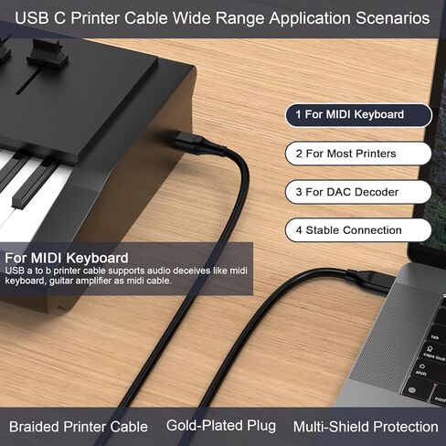 كابل طابعة USB B إلى USB C بطول 10 أقدام من النوع C سلك طباعة عالي السرعة لجهاز MacBook Pro/Air، HP، Epson، Canon، Brother، Dell، Samsung، كابل USBC MIDI لبيانو Yamaha Casio الرقمي، وحدة تحكم DJ in Kuwait