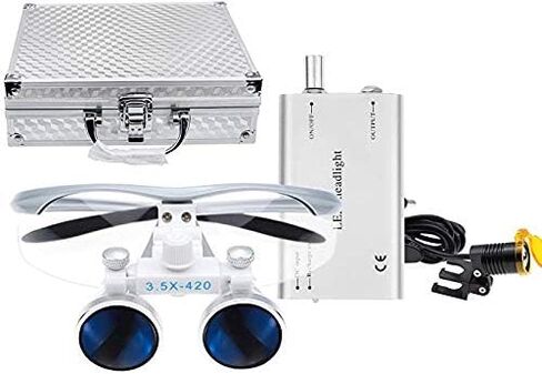 Global 3.5X 420mm Working Distance Optical Glass Sur~gical Bino~cular Loupes with Filter+ 3W Head Light Lamp+Aluminum Box Silver in Saudi Arabia