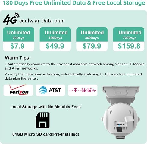 كاميرا أمان خلوية 4G LTE بعدسة مزدوجة في الهواء الطلق، بيانات غير محدودة لمدة 180 يومًا، كاميرا أمان لاسلكية تعمل بالطاقة الشمسية 2K، مقلاة وإمالة 360 درجة، حركة PIR، رؤية ليلية ملونة بمستشعر، VSIM مدمجة، بطاقة SD سعة 64 جيجابايت in Kuwait