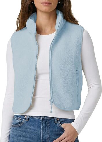Cropped Fleece Vest Women Zip Up Stand Collar Warm Sherpa Vest Fall Cute Sleeveless Fleece Waistcoat with Pocket in Saudi Arabia