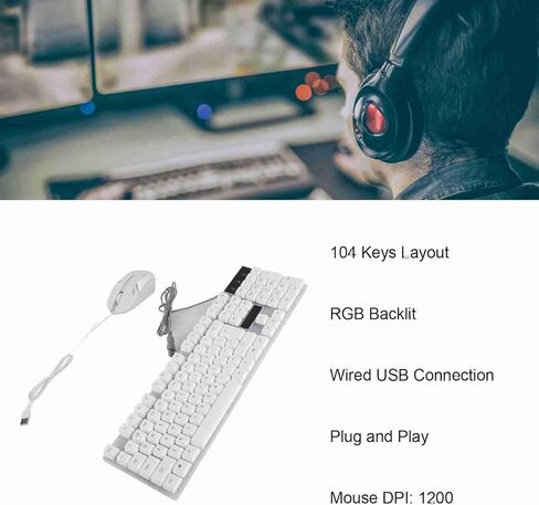 مجموعة لوحة مفاتيح وماوس، 104 مفاتيح RGB بإضاءة خلفية سلكية USB لوحة مفاتيح وماوس للألعاب مع اتصال ثابت وكتابة مريحة، للكمبيوتر المحمول في المنزل والمكتب in Kuwait