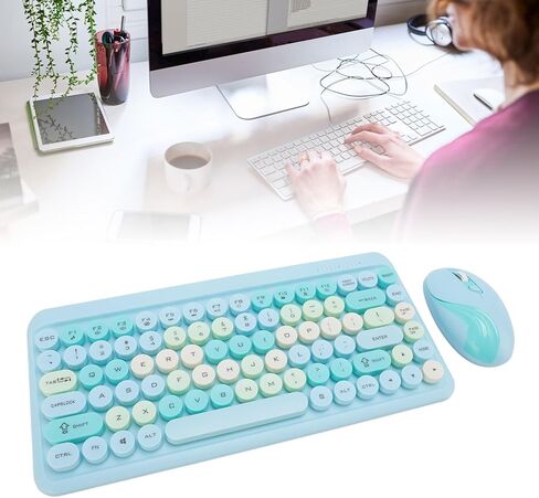 Diyeeni Wireless Keyboard and Mouse Combo, Cute Typewriter Retro Round Computer Keyboard, 2.4G Rechargeable Combo, Plug and Play, for Laptop, PC, Computer (Misty Blue) in Saudi Arabia