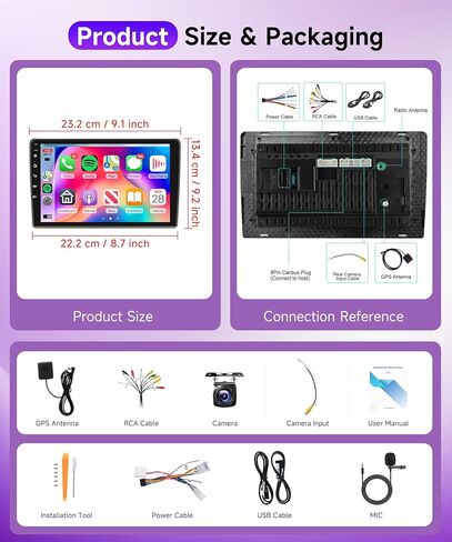 4Core 4G+64G Android 15 راديو ستيريو للسيارة لتويوتا كامري 1997-2003، Rimoody Wireless Carplay Andorid auto Mirror Link 9 بوصة HD لمس GPS WiFi Bluetooth FM/RDS EQ-32 SWC كاميرا احتياطية لشاشة مقسمة in Kuwait