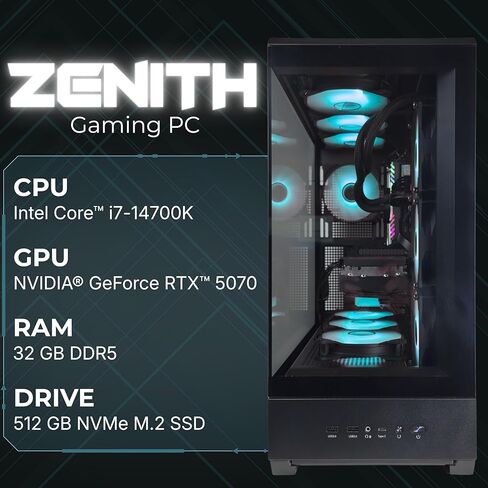 كمبيوتر سطح المكتب Zenith Gaming، Ryzen 7 7800X3D 4.2 جيجا هرتز (تعزيز يصل إلى 5.0 جيجا هرتز)، GeForce RTX 5070 12 جيجا GDDR7، 1 تيرابايت NVMe SSD، 32 جيجا DDR5 RAM، حافظة P50، مبرد سائل AIO 360 مم، WiFi 6E، Windows 11 in Kuwait