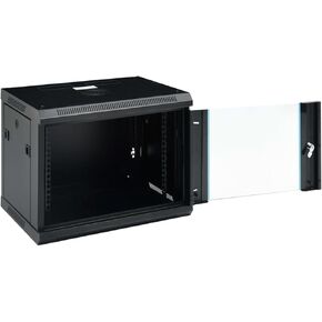 9U Wall-Mounted Network Cabinet 19 Inch, IP20 Rated, 600x450x510mm, Black Steel with Lockable Tempered Glass Door, Removable Side Panels, Supports Wall or Desktop Use in Kuwait