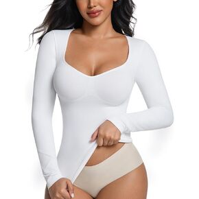 ONEW Shapewear Tummy Control Long Sleeve Shirts For Women Seamless V Neck Compression Shirt Slimming Body Shaper in Saudi Arabia