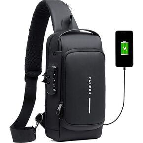حقيبة ظهر بقفل من القائمة - مقاومة للماء، مضادة للسرقة، حقيبة صدر مع منفذ شحن USB - كتف، حقيبة كروس، حقيبة ظهر in Kuwait