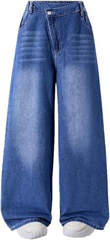 Nivne Tco Tween Girls Ripped Jeans Baggy Y2k Zipper Fly & Elastic Waist Kids Wide Leg Denim Pants with Pockets in Saudi Arabia