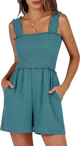 ANRABESS Women's Rompers Summer Casual Smocked Square Neck Sleeveless Loose Shorts Jumpsuit 2026 Beach Vacation Clothes in Saudi Arabia