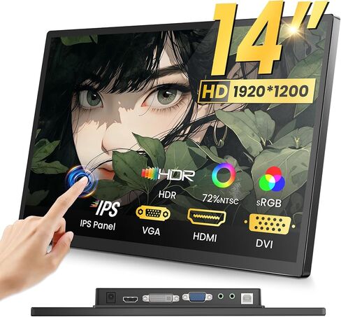 شاشة لمس مقاس 14 بوصة للاستخدام الصناعي بدقة FHD 1920×1200 HDR IPS 500 nits 100% sRGB متعدد المنافذ HDMI VGA DVI متوافقة مع أجهزة الكمبيوتر المحمول PS5/PS4 Xbox/Game in Saudi Arabia