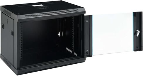 9U Wall-Mounted Network Cabinet 19 Inch, IP20 Rated, 600x450x510mm, Black Steel with Lockable Tempered Glass Door, Removable Side Panels, Supports Wall or Desktop Use in Kuwait