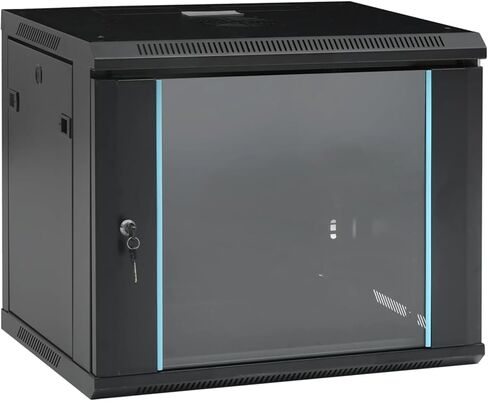 9U Wall-Mounted Network Cabinet 19 Inch, IP20 Rated, 600x450x510mm, Black Steel with Lockable Tempered Glass Door, Removable Side Panels, Supports Wall or Desktop Use in Kuwait