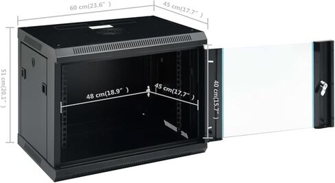 9U Wall-Mounted Network Cabinet 19 Inch, IP20 Rated, 600x450x510mm, Black Steel with Lockable Tempered Glass Door, Removable Side Panels, Supports Wall or Desktop Use in Kuwait