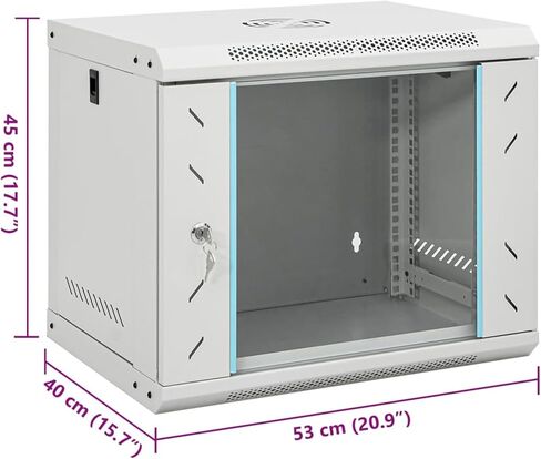 9U Wall-Mounted Network Cabinet, 19-Inch IP20 Steel Rack Enclosure, Grey, 53 x 40 x 45 cm, Lockable Glass Front, Removable Panels, 40 kg Capacity in Kuwait