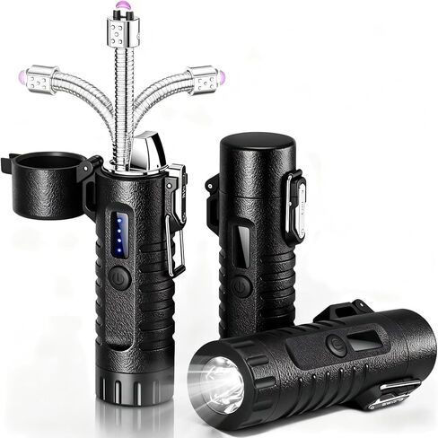 Electric Lighter USB C Rechargeable Arc Plasma Lighter with Flashlight, Electronic Windproof Waterproof Lighters with Retractable 360° Flexible Neck for Outdoor Camping, Hiking, Survival in Saudi Arabia